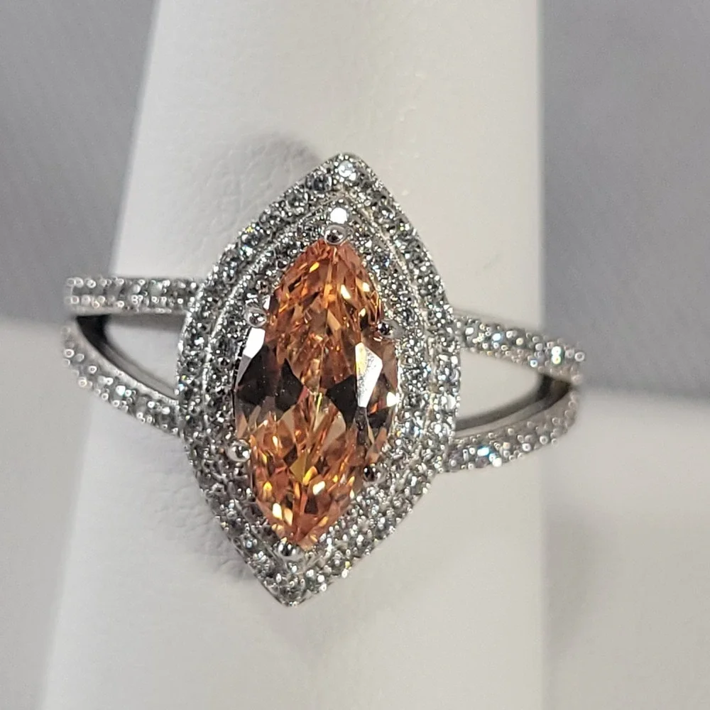 Sterling Silver Halo Ring Womens Size 8.75 Peach Marquise Glass Split Shank Pavé